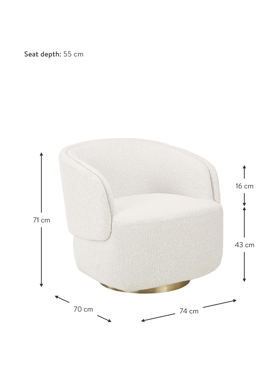 Bouclé draaifauteuil Irene, Bekleding: bouclé (100% polyester) M, Frame: metaal, Poten: gecoat metaal, Bouclé crèmewit, goudkleurig, B 74 x H 70 cm