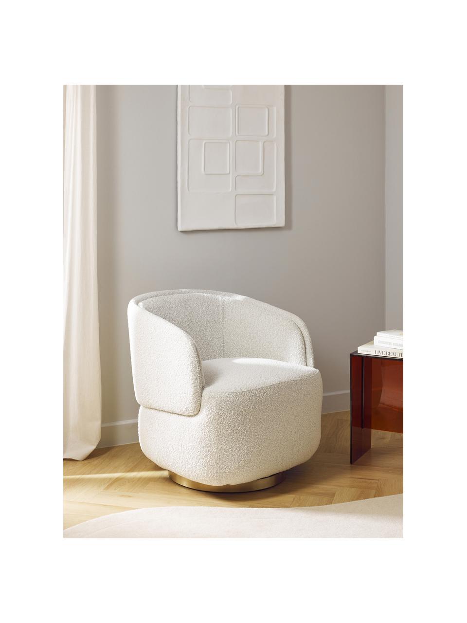 Fauteuil pivotant en tissu bouclé Irene, Bouclé blanc crème, métal doré, larg. 74 x prof. 70 cm