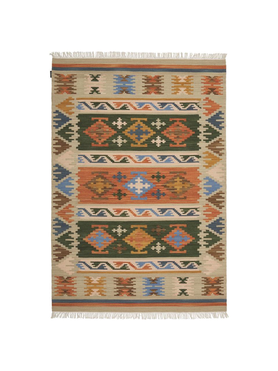Alfombra alfombra artesanal kilim de lana con flecos Olon, 100% lana, Multicolor, An 125 x L 185 cm (Tamaño S)