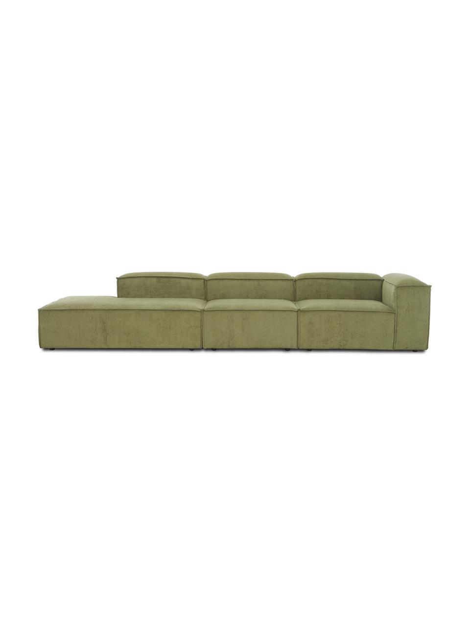 Diván modular grande de pana Lennon, Tapizado: pana (92% poliéster, 8% p, Estructura: madera de pino maciza, ma, Patas: plástico Las patas están , Pana verde, An 357 x F 119 cm, respaldo izquierdo