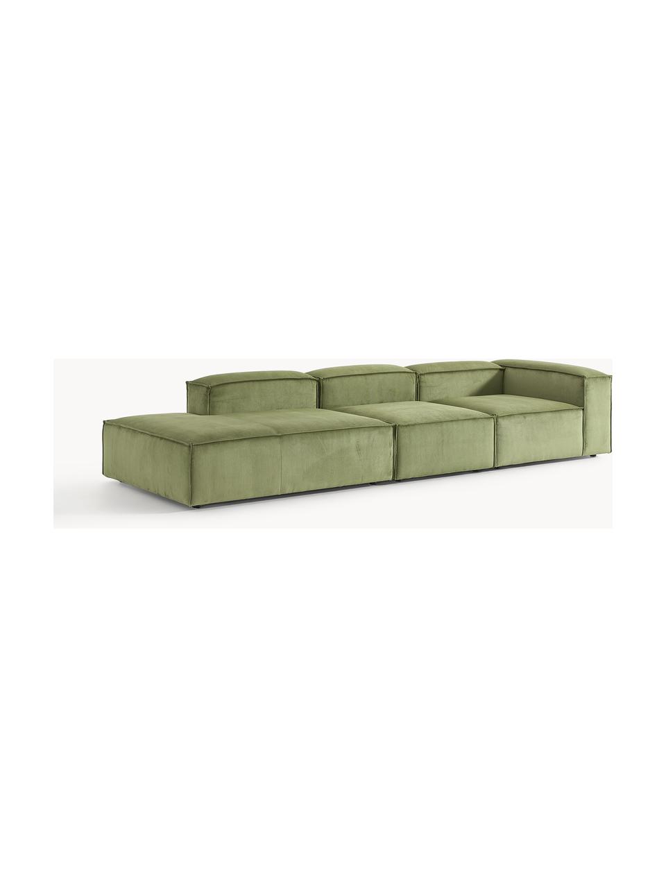 Chaise longue XL componibile in velluto a coste Lennon, Rivestimento: velluto a coste (92% poli, Struttura: legno di pino massiccio, , Piedini: plastica I piedini si tro, Velluto a coste verde oliva, Larg. 357 x Prof. 119 cm, schienale a sinistra