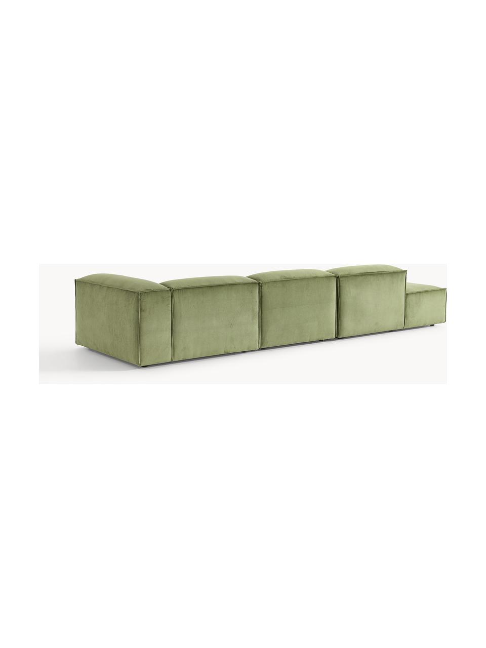 Chaise longue XL componibile in velluto a coste Lennon, Rivestimento: velluto a coste (92% poli, Struttura: legno di pino massiccio, , Piedini: plastica I piedini si tro, Velluto a coste verde oliva, Larg. 357 x Prof. 119 cm, schienale a sinistra