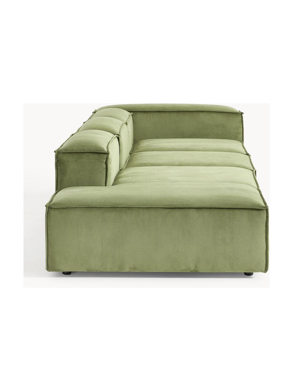 Chaise longue XL componibile in velluto a coste Lennon, Rivestimento: velluto a coste (92% poli, Struttura: legno di pino massiccio, , Piedini: plastica I piedini si tro, Velluto a coste verde oliva, Larg. 357 x Prof. 119 cm, schienale a sinistra