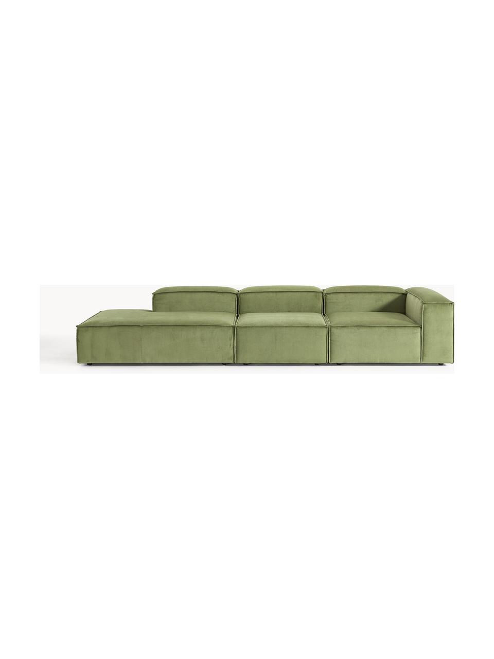 Chaise longue XL componibile in velluto a coste Lennon, Rivestimento: velluto a coste (92% poli, Struttura: legno di pino massiccio, , Piedini: plastica I piedini si tro, Velluto a coste verde oliva, Larg. 357 x Prof. 119 cm, schienale a sinistra