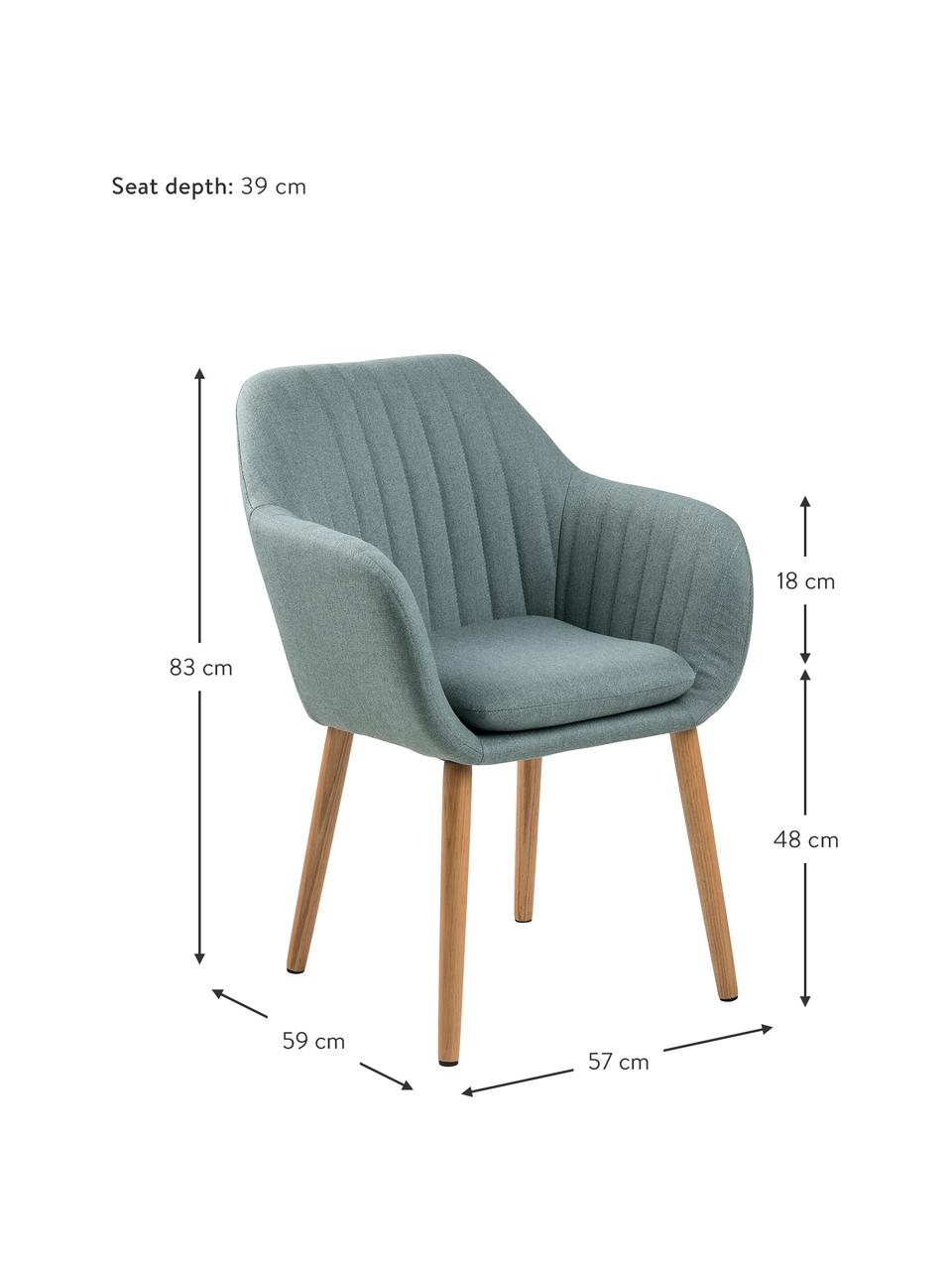 Chaise à accoudoirs avec pieds en bois Emilia, Tissu turquoise, bois de chêne, larg. 57 x prof. 59 cm