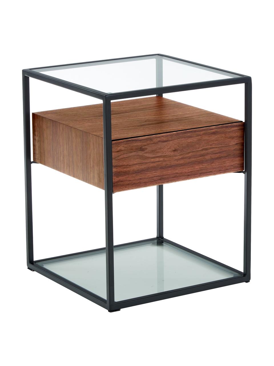 Table d'appoint avec tiroir Helix, Transparent, noir, bois d'acacia