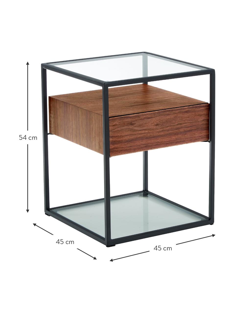 Nachtkastje Helix met lade, Frame: gepoedercoat metaal, Zwart, acaciahout, B 43 x H 54 cm