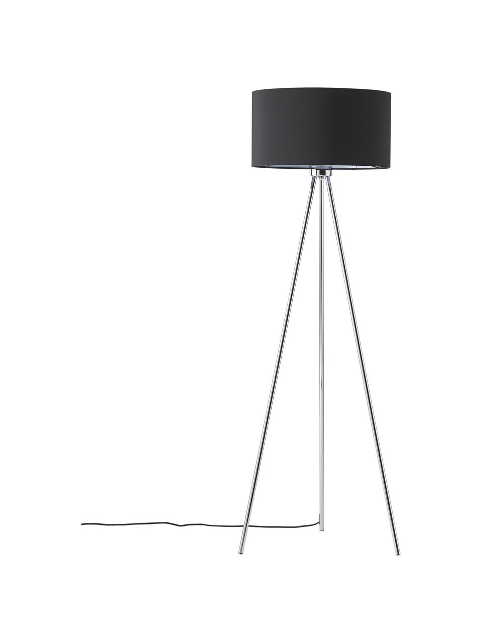 Lampa podłogowa trójnóg z kloszem z tkaniny Cella, Czarny, odcienie chromu, Ø 45 x W 147 cm