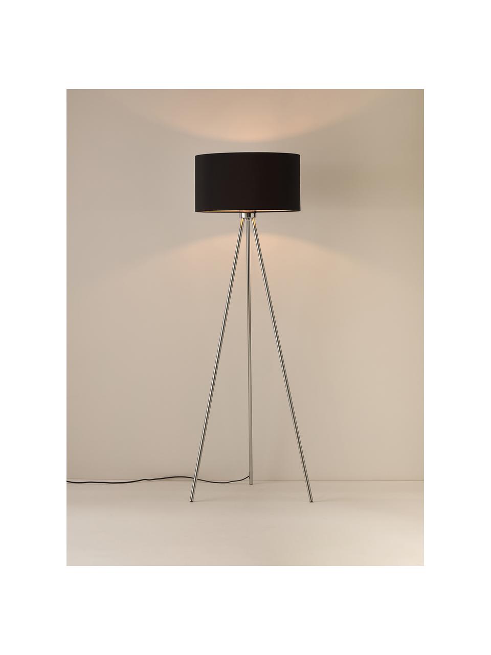 Tripod vloerlamp Cella met stoffen lampenkap, Lampenkap: katoenmix, Lampvoet: gepoedercoat metaal, Zwart, chroomkleurig, H 147 cm
