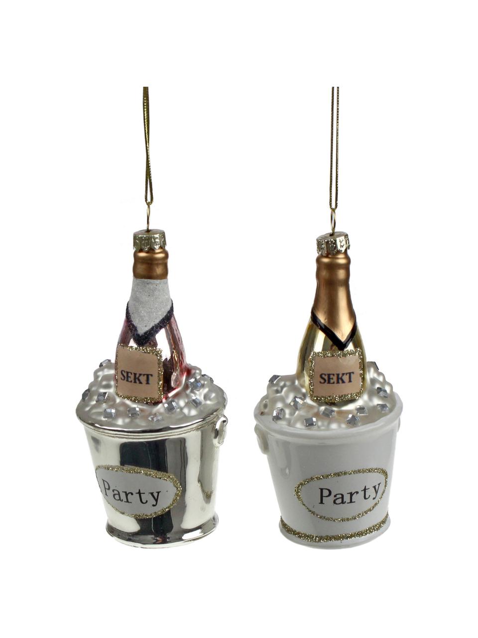 Adornos navideños Champagne, 2 uds., Adornos: vidrio, Plateado, dorado, blanco, Ø 6 x Al 9 cm
