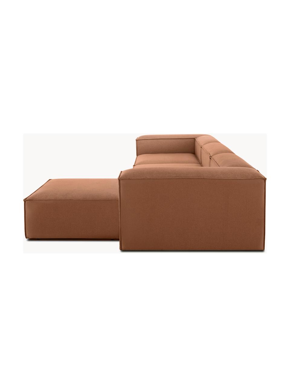 Modulares Sofa Lennon (4-Sitzer) mit Hocker, Bezug: 100 % Polyester Der strap, Gestell: Massives Kiefernholz, Spe, Füße: Kunststoff Dieses Produkt, Webstoff Nougat, B 327 x T 207 cm