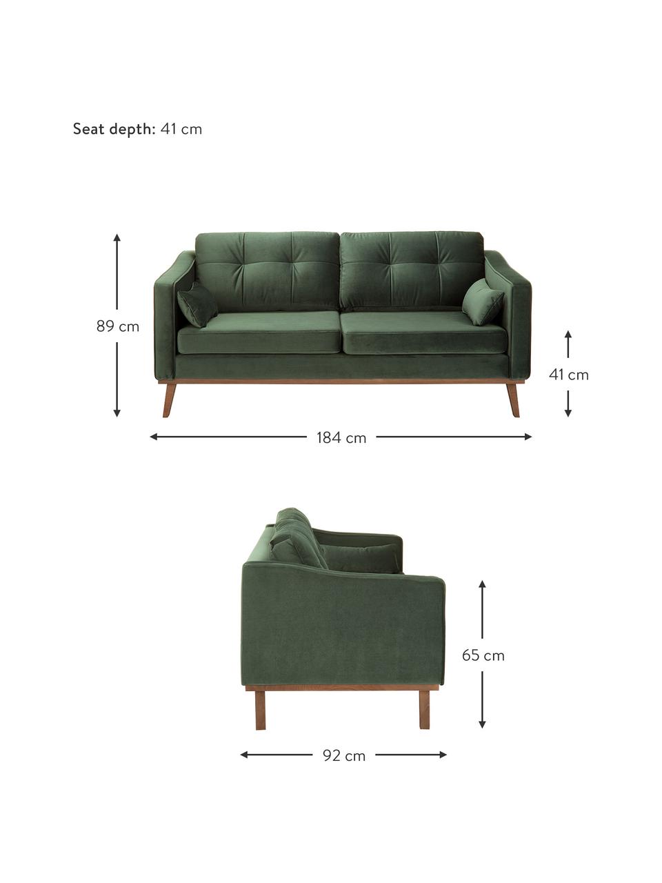 Fluwelen bank Alva (2-zits) in groen met houten poten, Bekleding: fluweel (hoogwaardig poly, Frame: massief grenenhout, Poten: massief gebeitst beukenho, Olijfkleurig, 184 x 92 cm