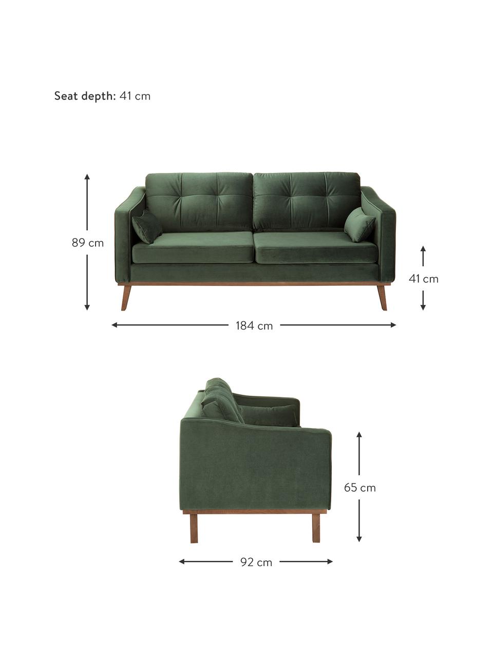 Samt-Sofa Alva (2-Sitzer) in Grün mit Holz-Füssen, Bezug: Samt (Hochwertiger Polyes, Gestell: Massives Kiefernholz, Samt Olive, B 184 x T 92 cm