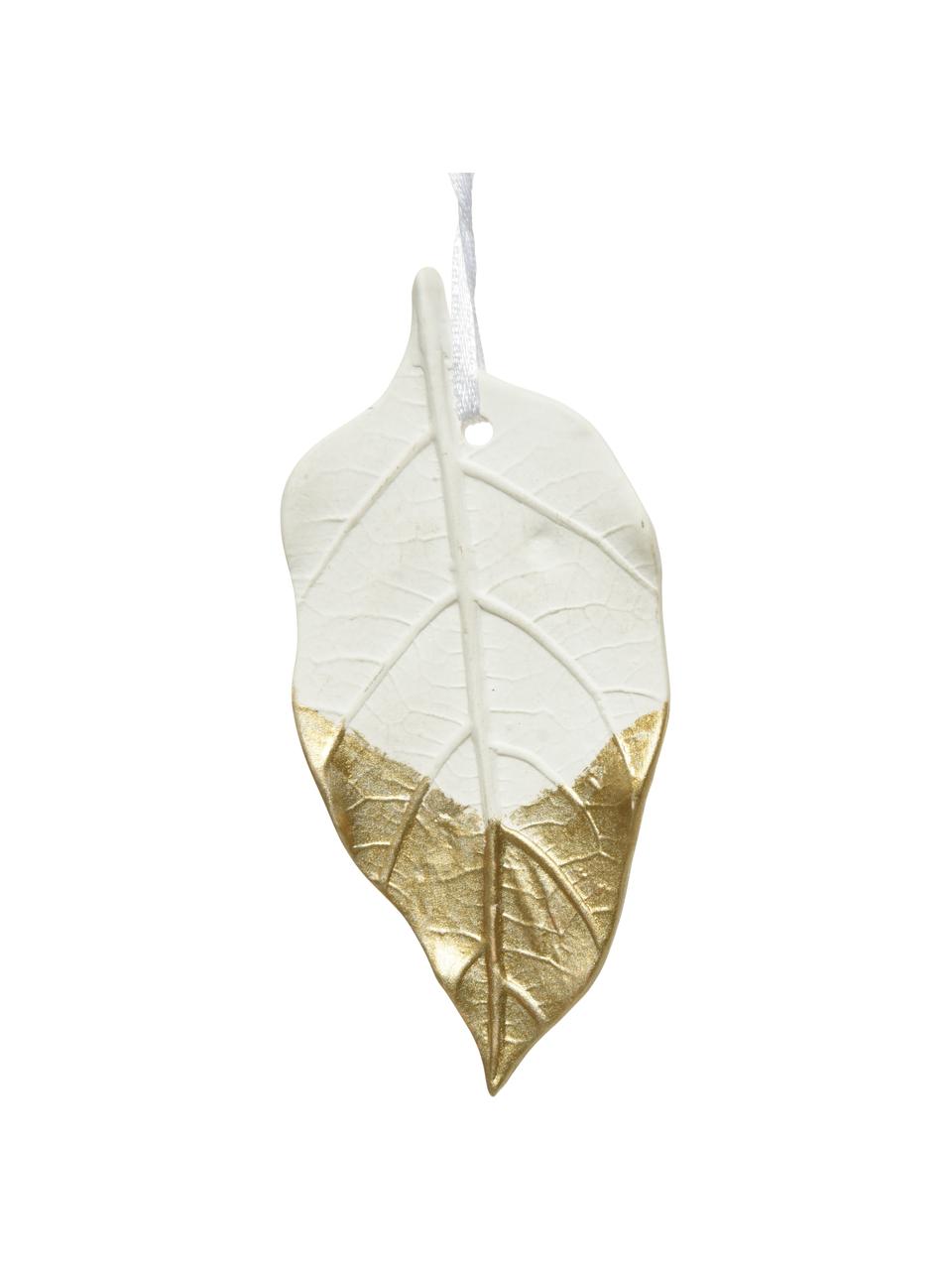 Set 3 addobbi per albero Leaves, Porcellana, Bianco, dorato, Larg. 4 x Alt. 13 cm