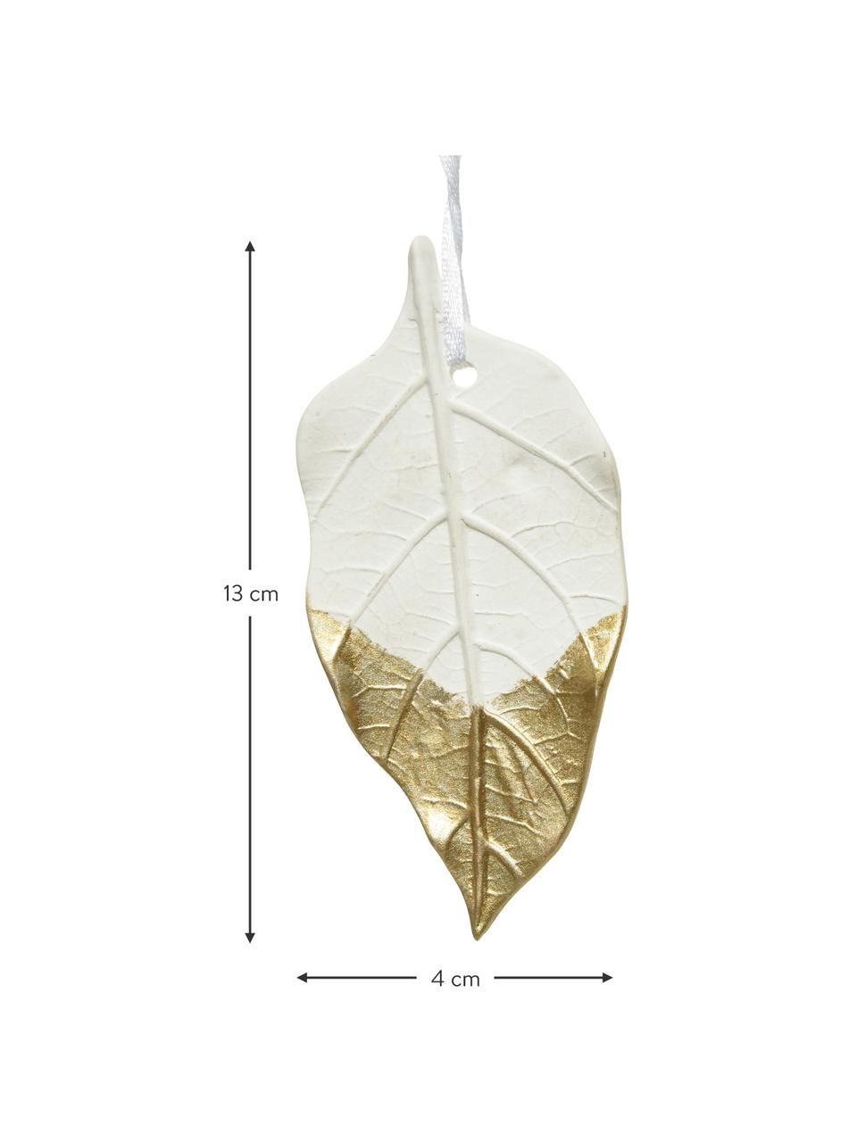 Baumanhänger Leaves, 3er-Set, Porzellan, Off White, Goldfarben, B 4 x H 13 cm