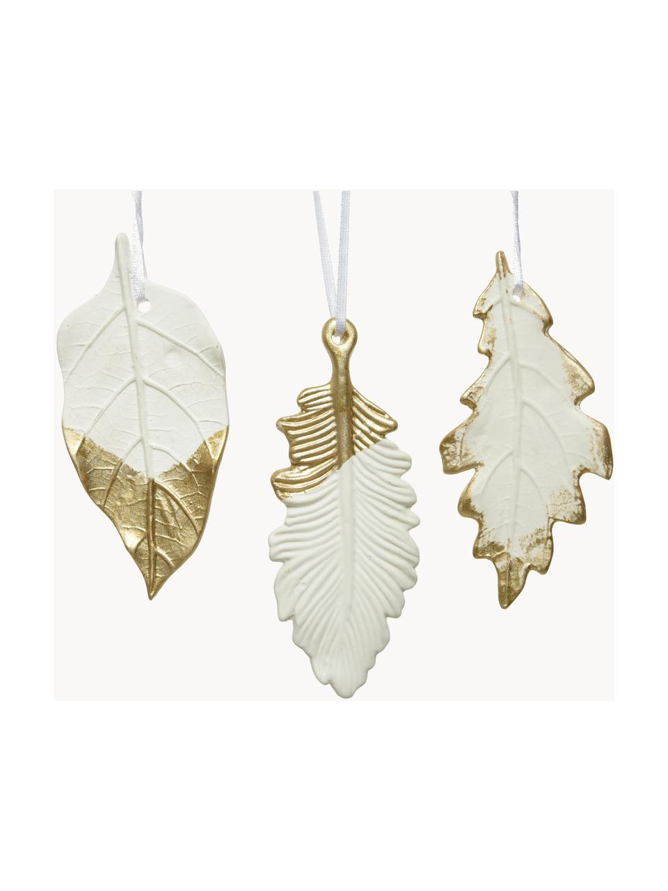 Décorations à suspendre Leaves, 3 élém., Porcelaine, Blanc, doré, larg. 4 x haut. 13 cm