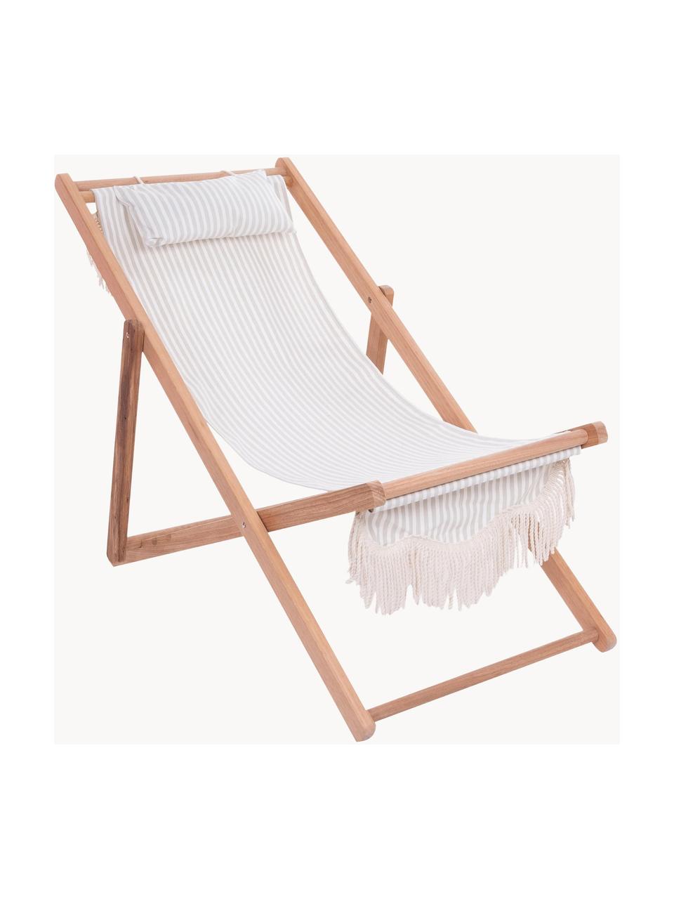 Inklapbare ligstoel Sling met franjes, Franjes: katoen, Frame: hout, Licht hout, saliegroen, wit, B 59 x H 79 cm