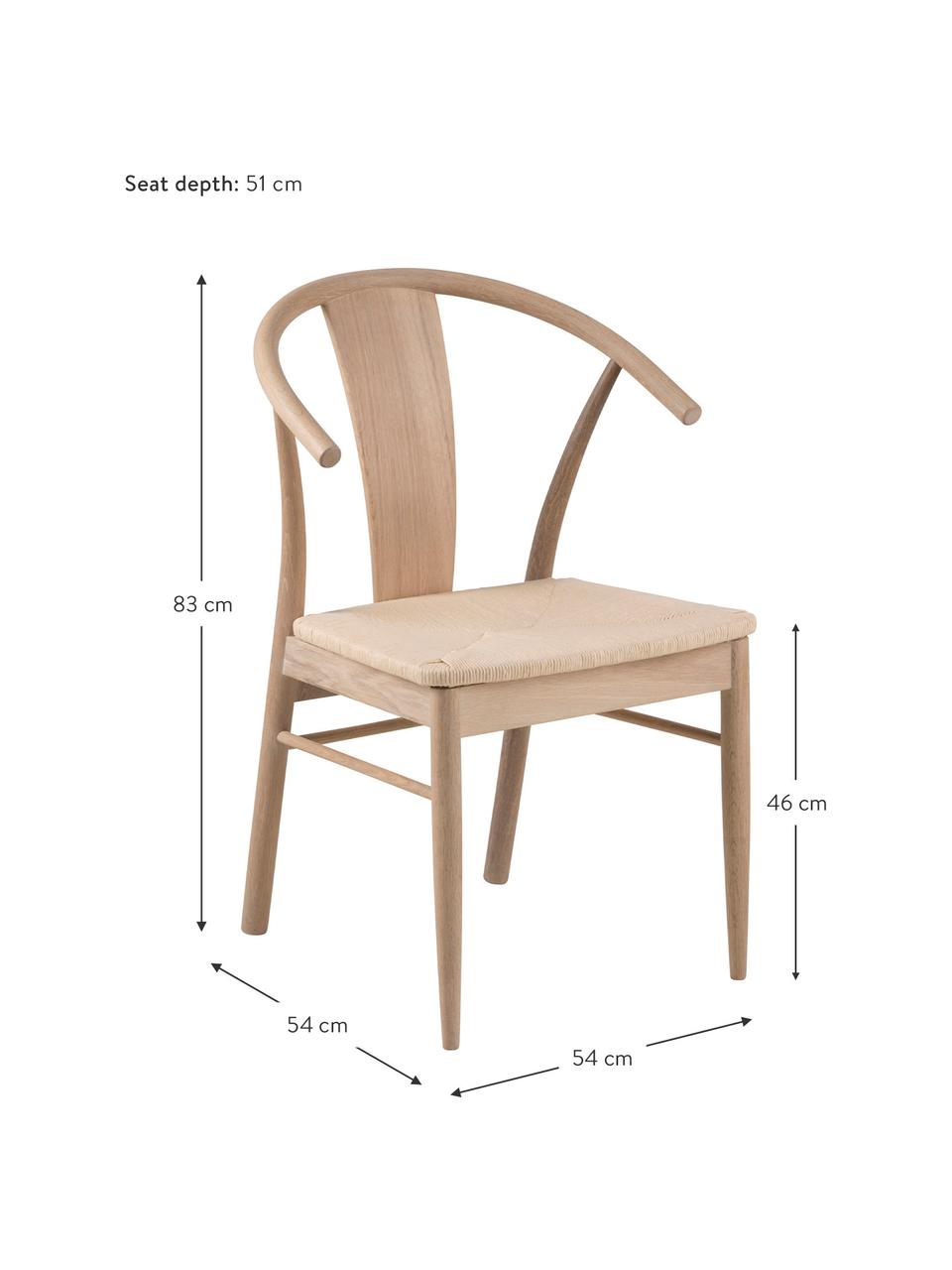 Sedia con braccioli in legno con intreccio di giunco Janik, Struttura: legno di quercia pigmenta, Seduta: vimini di giunco, Legno di quercia, Larg. 54 x Prof. 54 cm