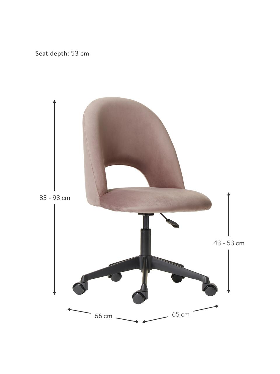 Krzesło biurowe z aksamitu Rachel, obrotowe, Tapicerka: aksamit (wysokiej jakości, Nogi: metal malowany proszkowo, Bladoróżowy aksamit, S 65 x G 66 cm