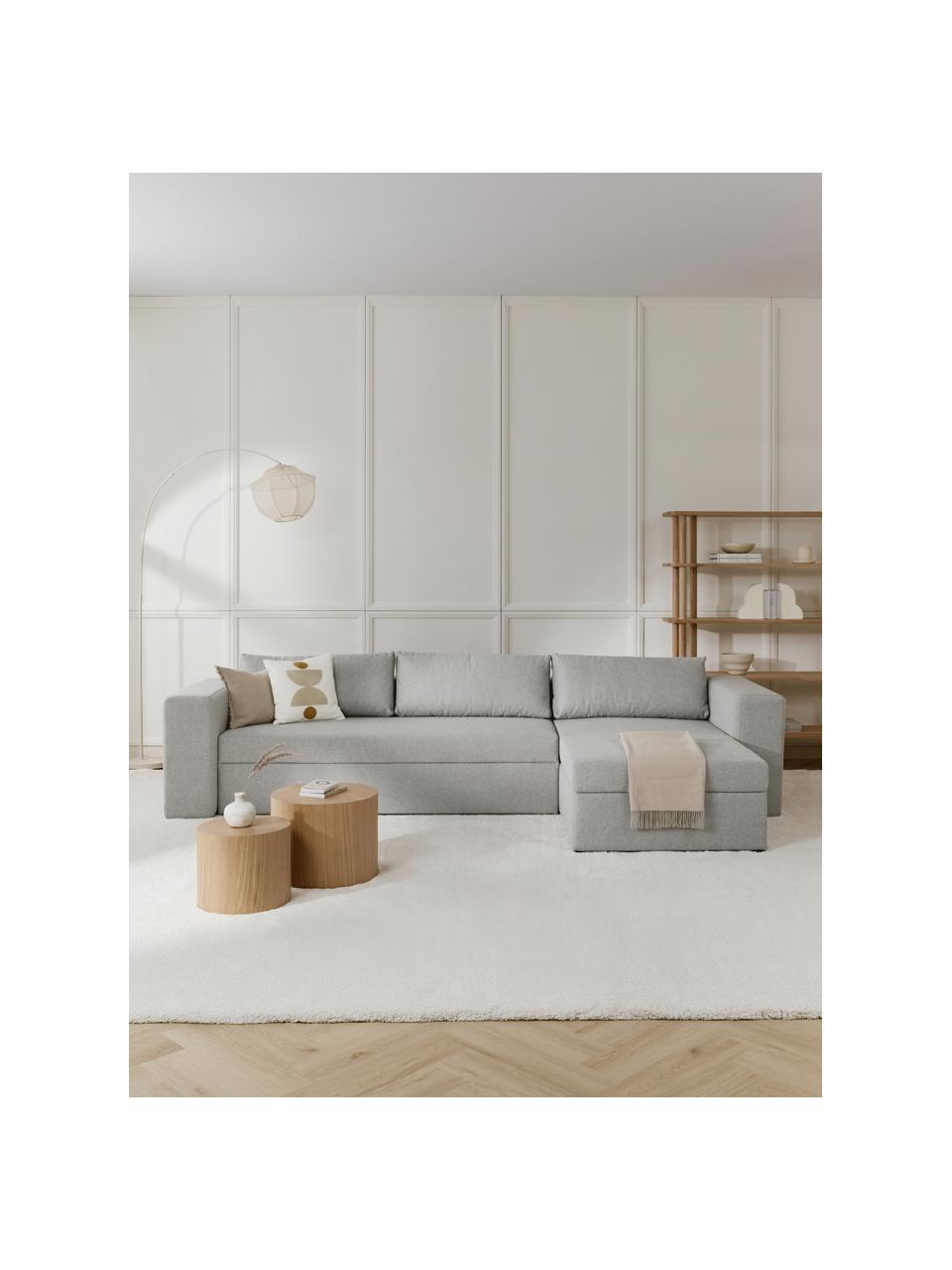 Grand canapé convertible avec rangement Noah, Tissu gris clair, larg. 343 x prof. 180 cm, méridienne à gauche