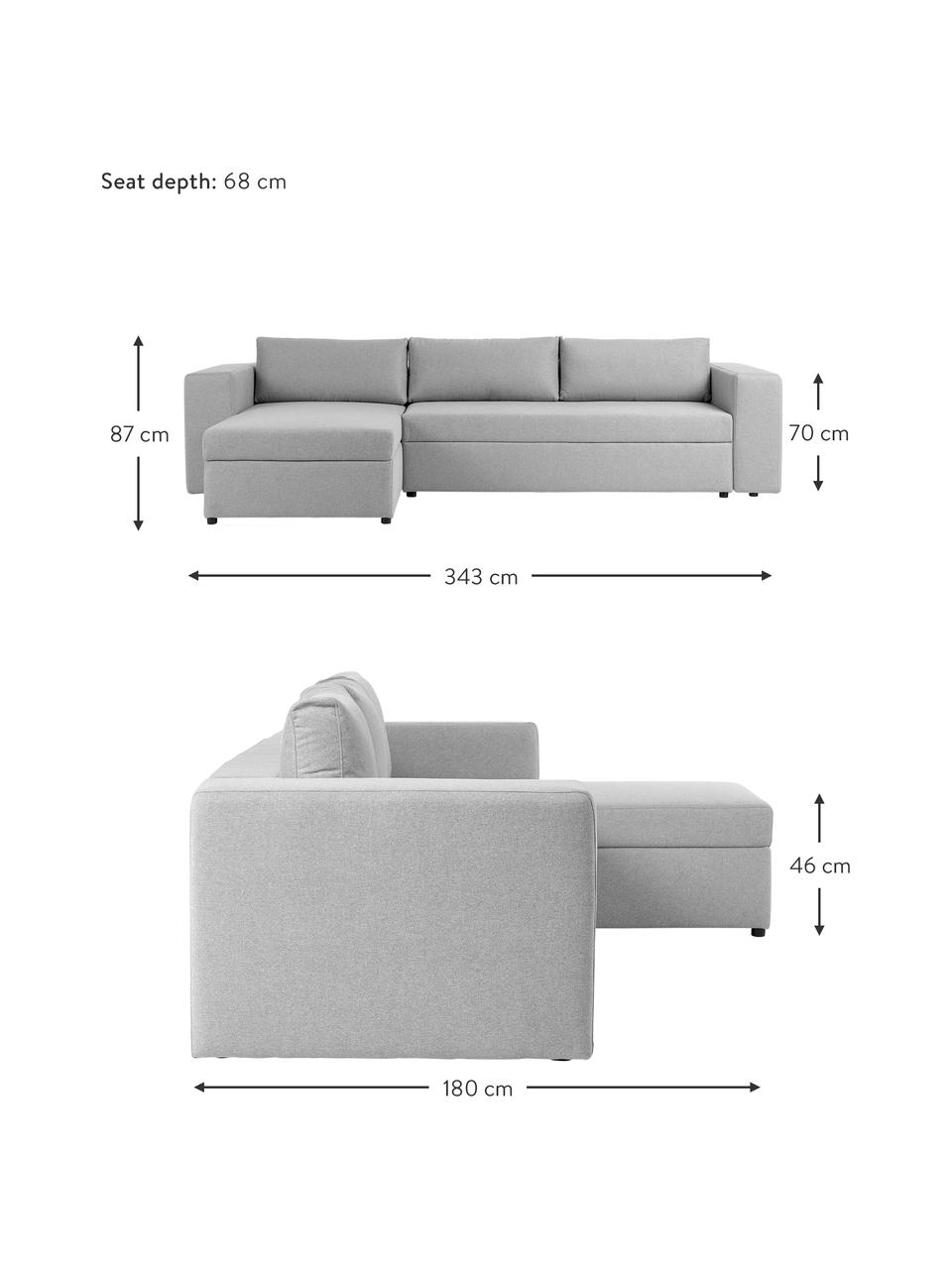 Grand canapé convertible avec rangement Noah, Tissu gris clair, larg. 343 x prof. 180 cm, méridienne à gauche