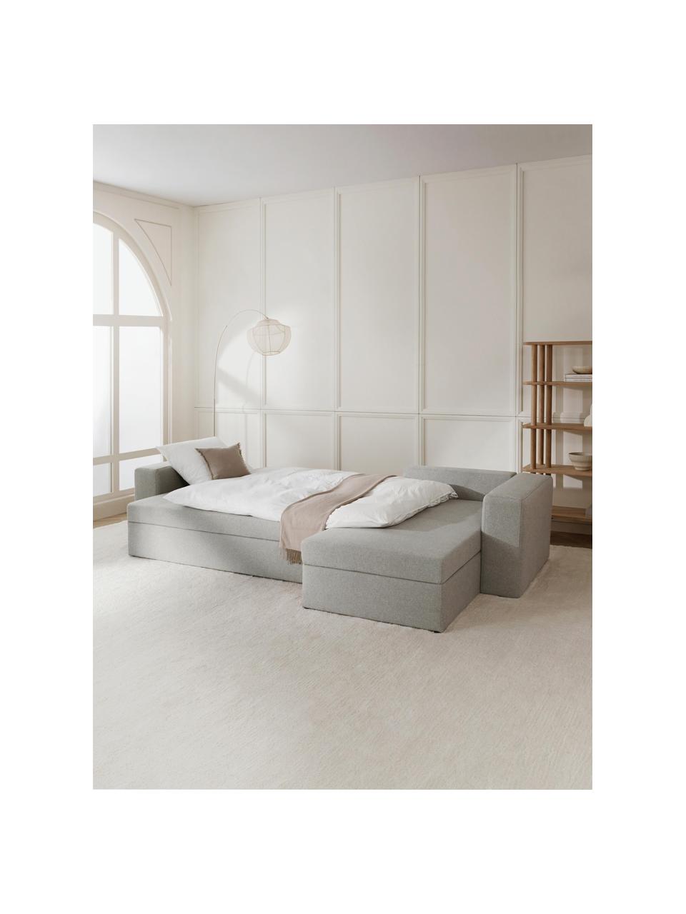 Divano letto grande 4 posti con contenitore Noah, Rivestimento: poliestere Con 115.000 ci, Struttura: legno massiccio di faggio, Piedini: plastica, Tessuto grigio chiaro, Larg. 343 x Prof. 180 cm, chaise-longue a sinistra