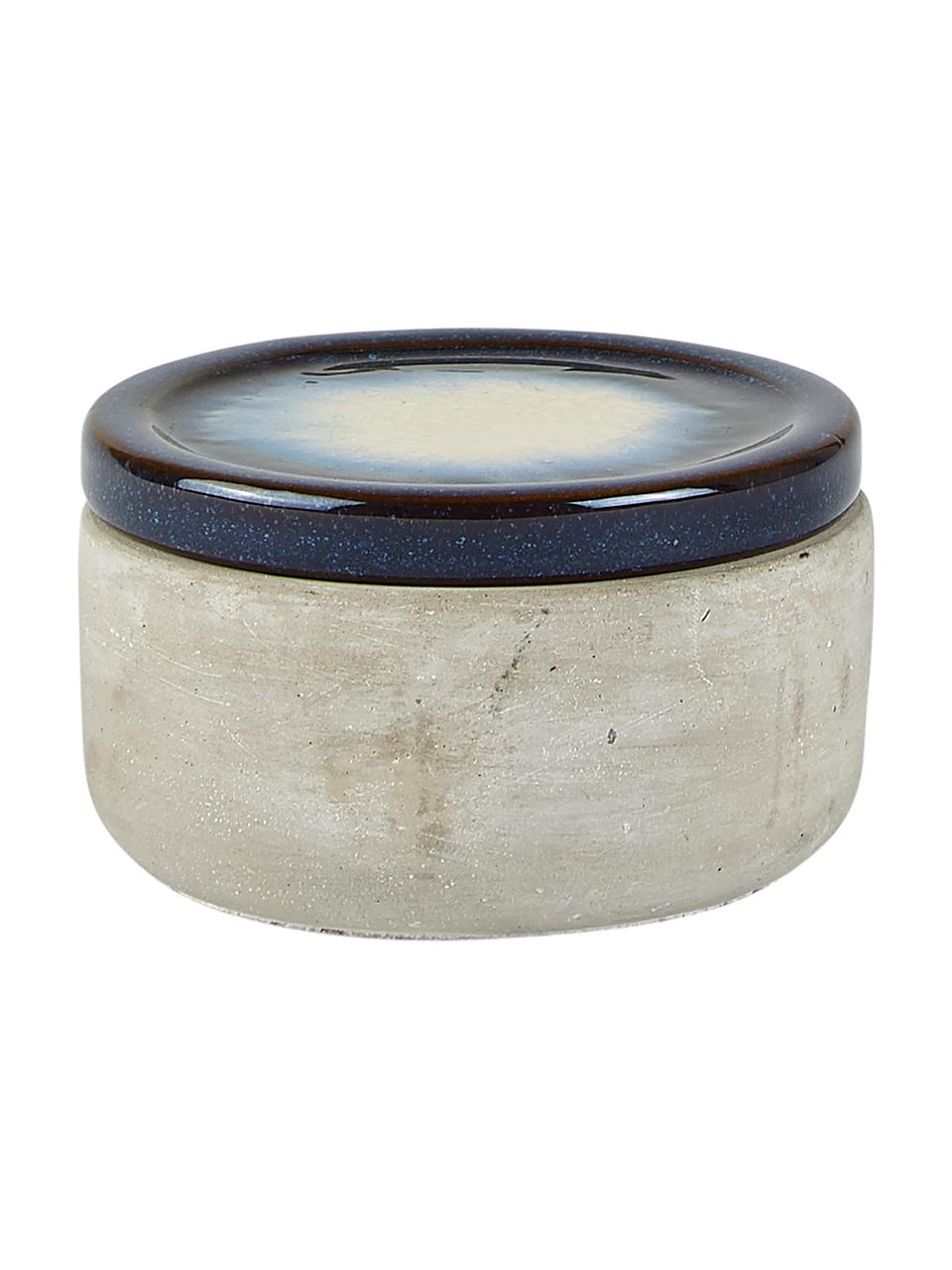 Opbergpot Korfu, Pot: cement, Deksel: keramiek, Pot: grijs. Deksel: donkerblauw, wit, Ø 10 x H 6 cm