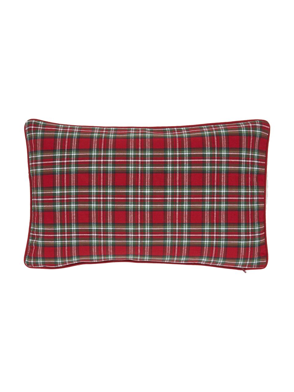 Geborduurde dubbelzijdige kussenhoes Santa met geruite achterzijde, 100% katoen, Beige, rood  Bies: rood, 30 x 50 cm