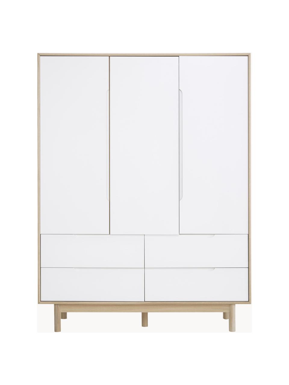 Armario Cassy, 3 puertas, Patas: madera de roble macizo Es, Madera de roble, blanco, An 148 x Al 195 cm