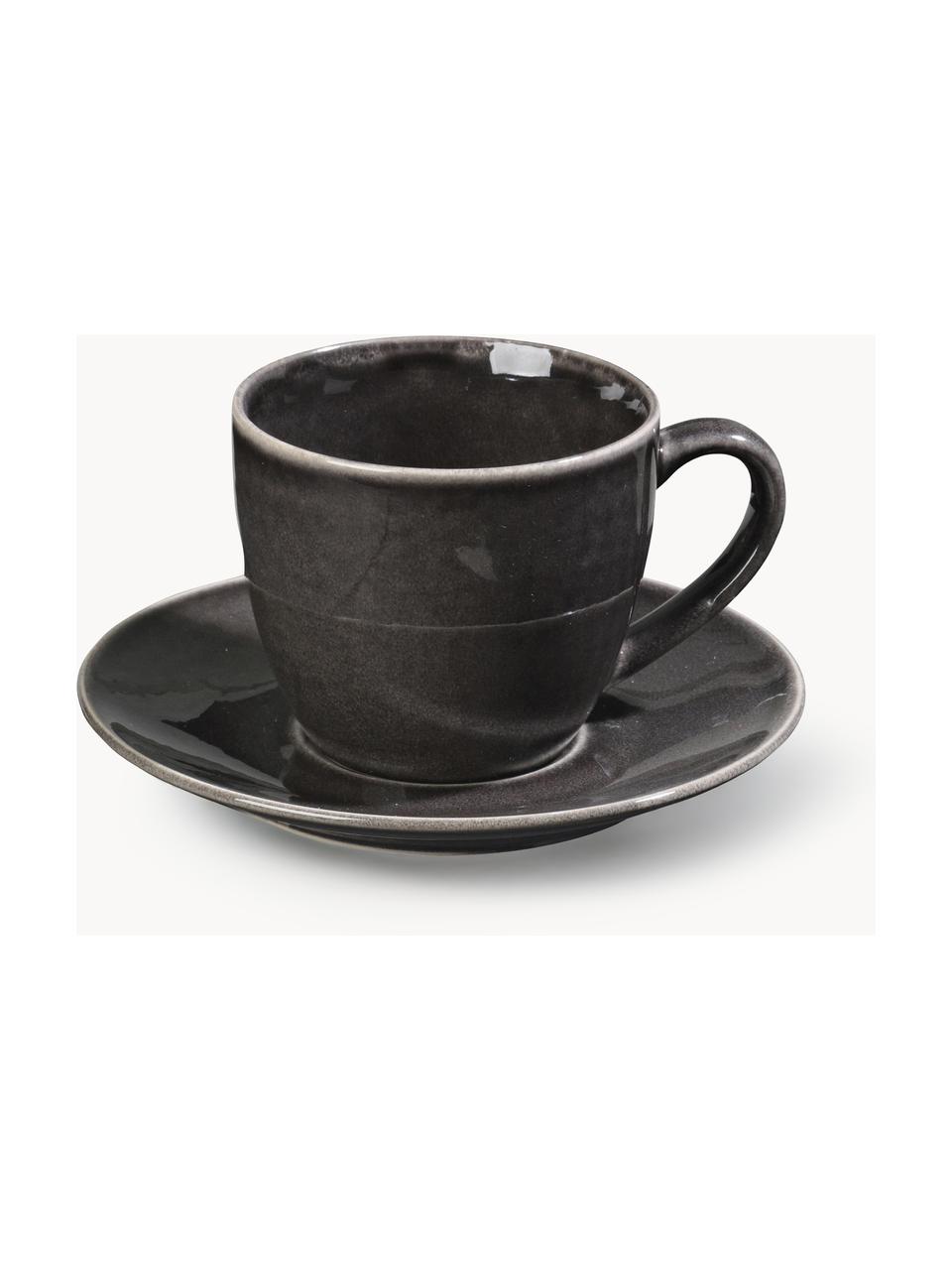 Handgemachte Kaffeetasse Nordic Coal mit Untertasse, Steingut, Schwarz, gesprenkelt, Ø 8 x H 9 cm, 150 ml