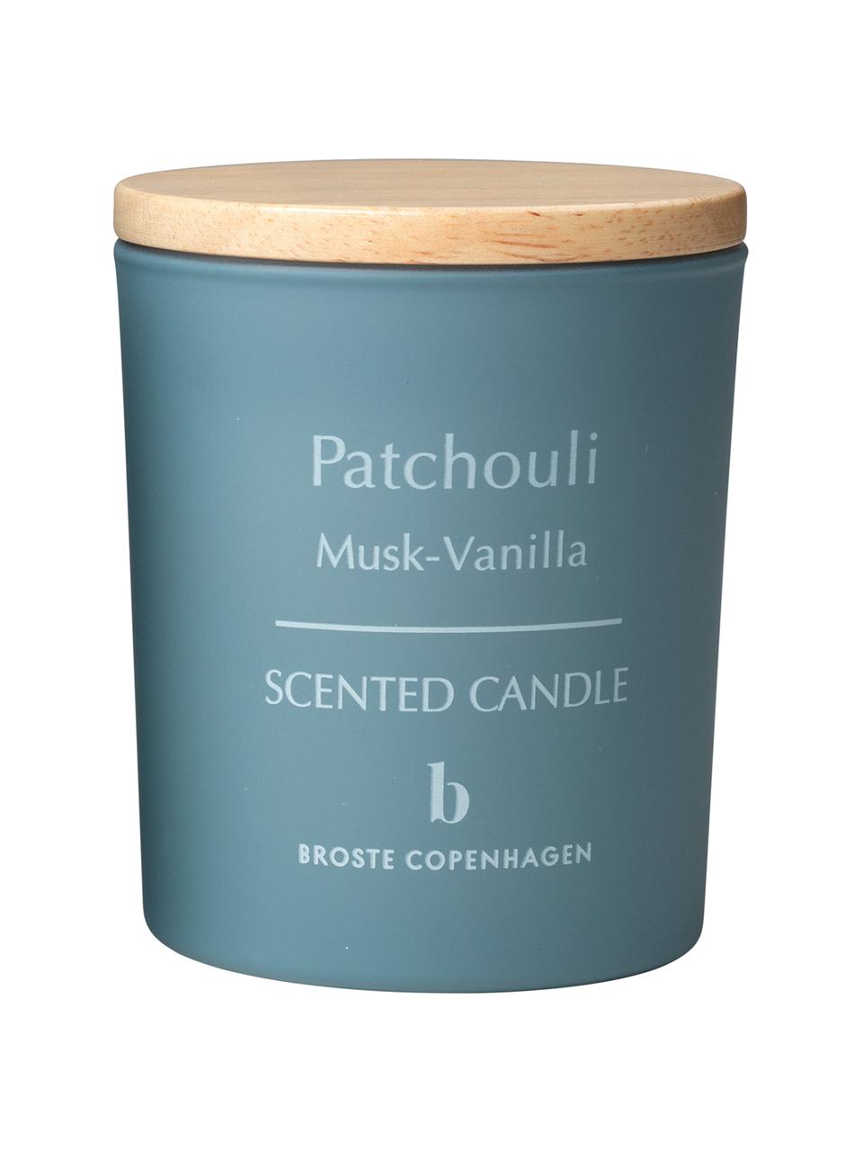 Candela profumata Patchouli (muschio, vaniglia), Contenitore: vetro, Coperchio: legno, Blu, marrone chiaro, Ø 7 x A 8 cm