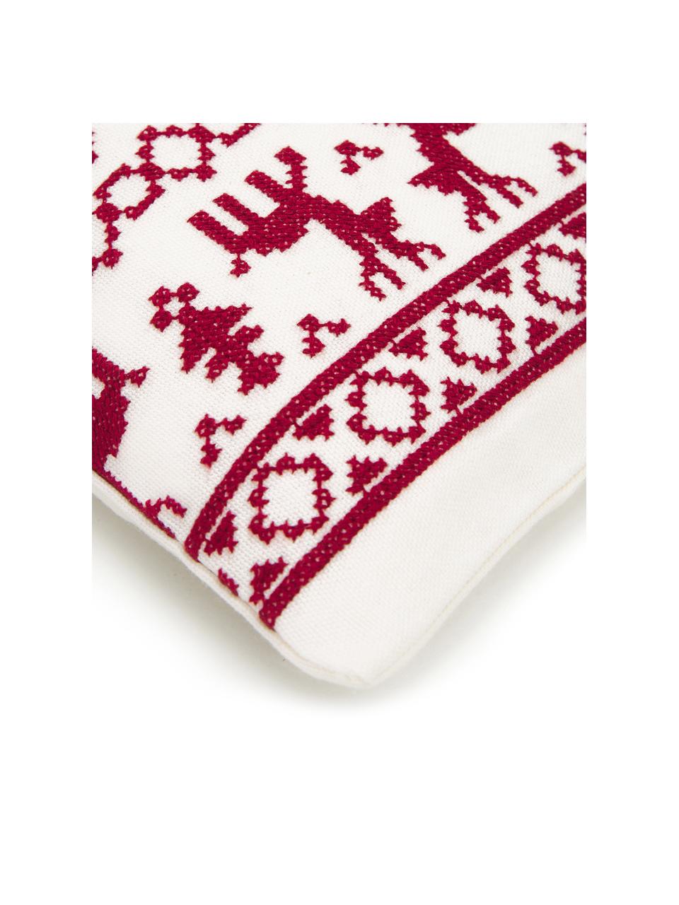 Copricuscino ricamata con cuciture norvegesi Orkney, 100% cotone, Rosso, bianco crema, Larg. 45 x Lung. 45 cm
