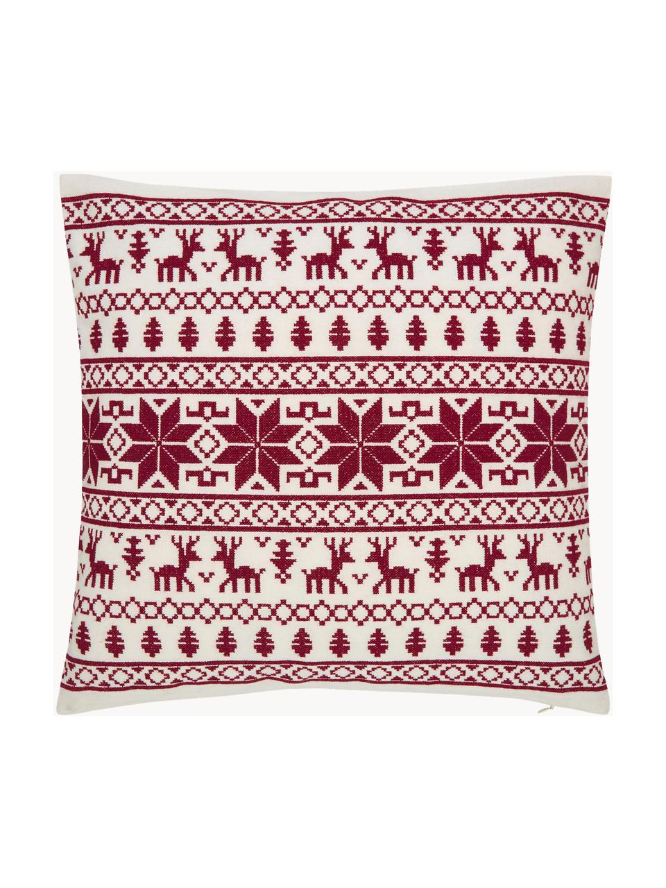 Housse de coussin 45x45 brodée à motif norvégien Orkney, 100 % coton, Rouge, blanc crème, larg. 45 x long. 45 cm