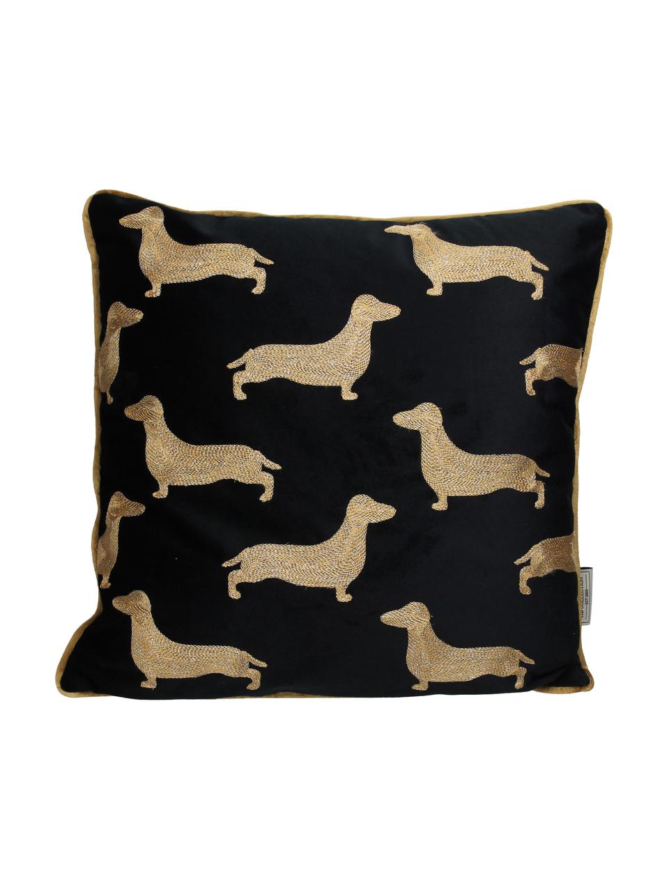 Besticktes Samt-Kissen Dachshund, mit Inlett, Bezug: Polyestersamt, Schwarz, Goldfarben, B 45 x L 45 cm