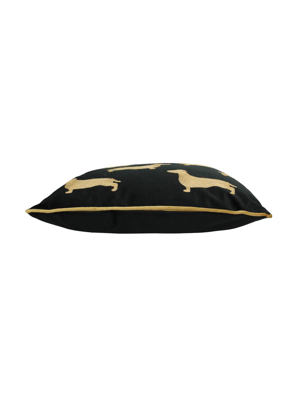 Cojín de terciopelo bordado Dachshund, con relleno, Funda: terciopelo de poliéster, Negro, dorado, An 45 x L 45 cm