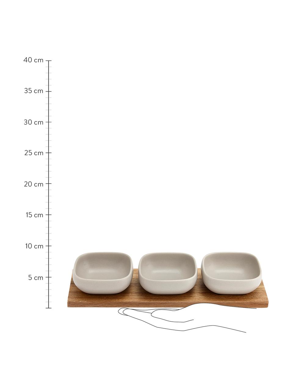 Dipschälchen Essentials aus Porzellan und Akazienholz, 4er-Set, Schälchen: Porzellan, Tablett: Akazienholz, Beige, Akazienholz, Set mit verschiedenen Grössen