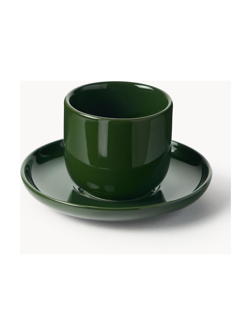 Porcelánové pohárky na espresso s podšálky Nessa, 4 ks, Vysoce kvalitní tvrdý porcelán, glazovaný, Tmavě zelená, lesklá, Ø 7 cm, V 6 cm, 90 ml