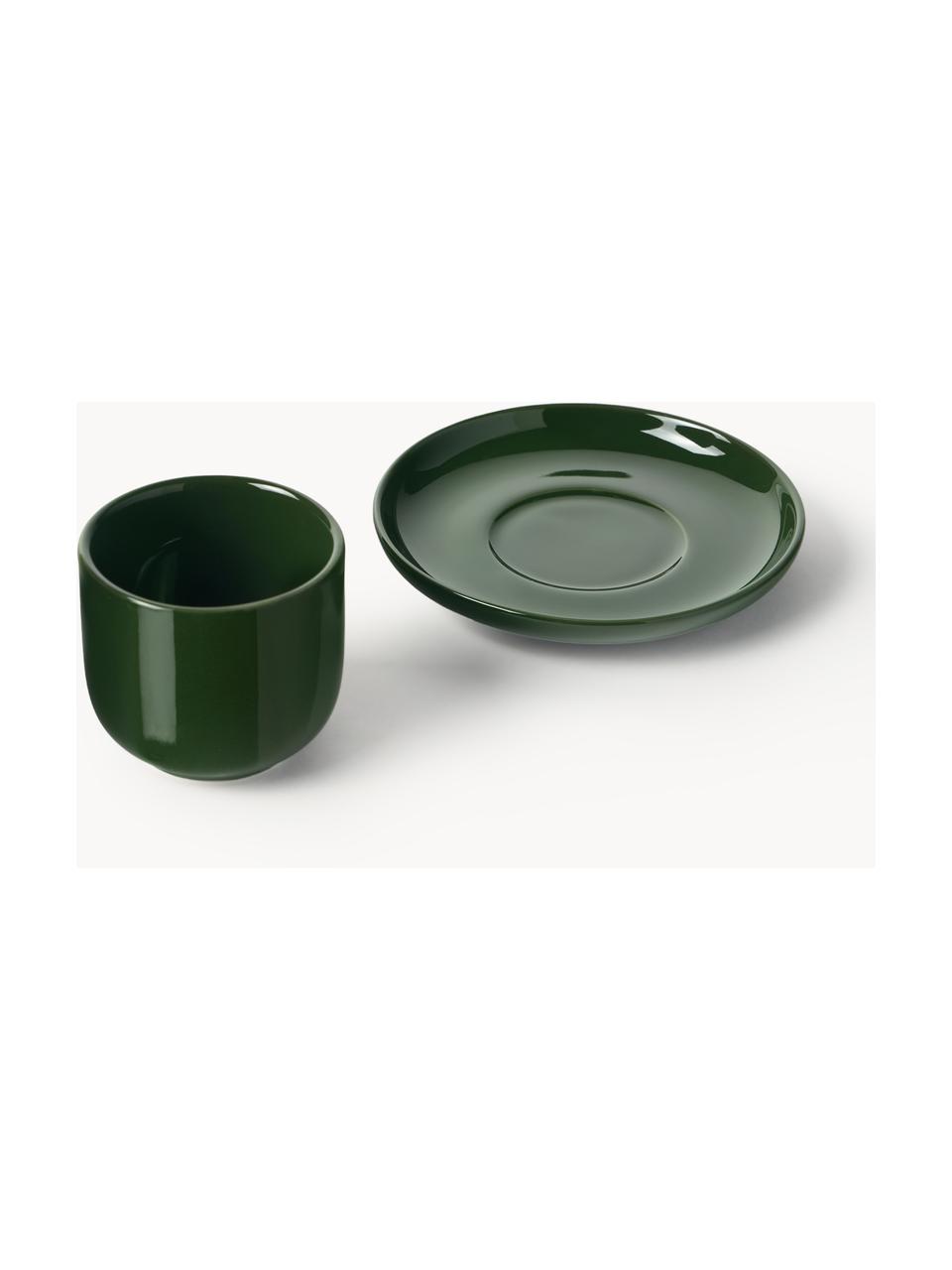 Tasses à expresso en porcelaine avec sous-tasses Nessa, 4 pièces, Porcelaine de haute qualité, émaillé, Vert foncé, haute brillance, Ø 7 x haut. 6 cm, 90 ml