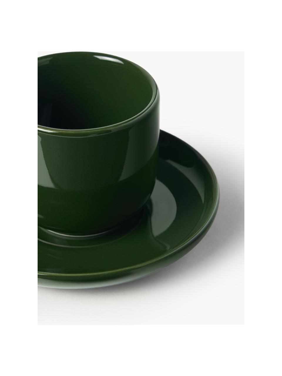 Porcelánové pohárky na espresso s podšálky Nessa, 4 ks, Vysoce kvalitní tvrdý porcelán, glazovaný, Tmavě zelená, lesklá, Ø 7 cm, V 6 cm, 90 ml