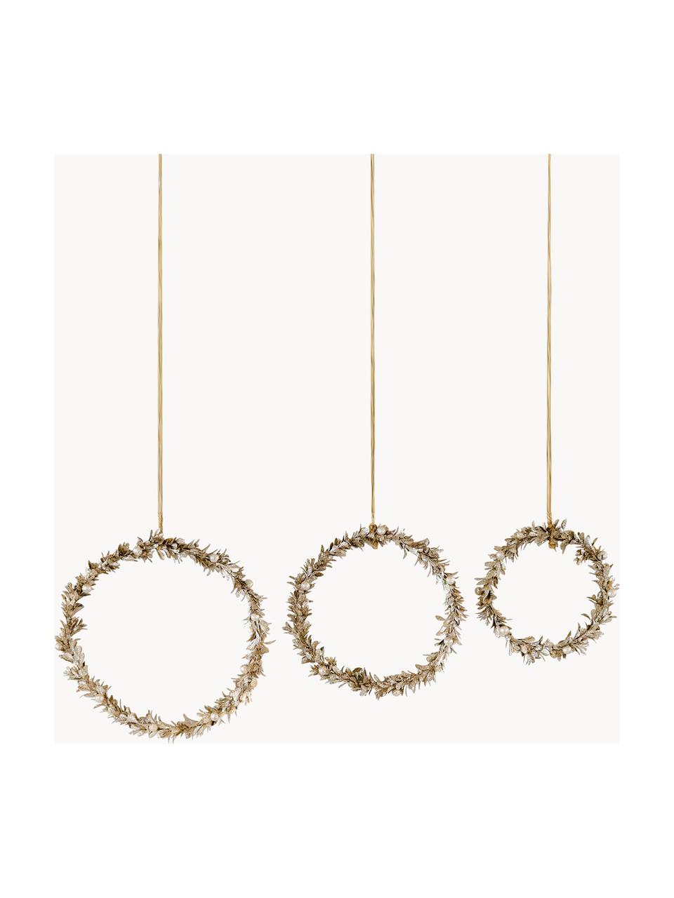 Decoratieve hanger Laurel, set van 3, Polystyreen, kunststof, metaal, hout, Goudkleurig, Set met verschillende formaten