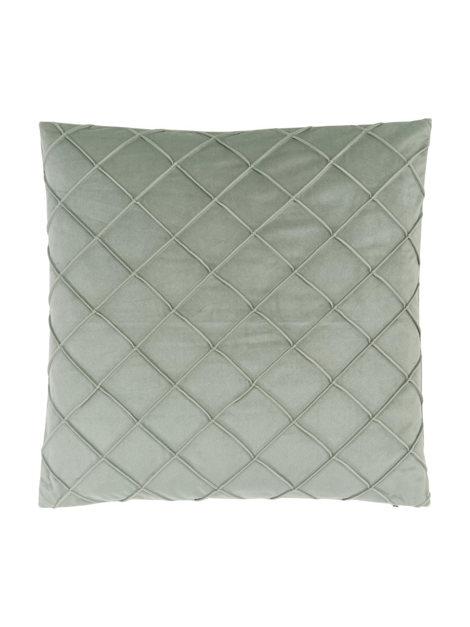 Housse de coussin velours vert sauge texturé Luka, Velours (100 % polyester), Vert sauge, larg. 50 x long. 50 cm