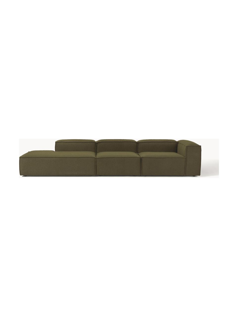 Modulaire XL chaise longue Lennon uit bouclé, Bekleding: bouclé (100% polyester) M, Frame: massief grenenhout, multi, Poten: kunststof Dit product is , Bouclé olijfgroen, B 357 x D 119 cm, armleuning rechts