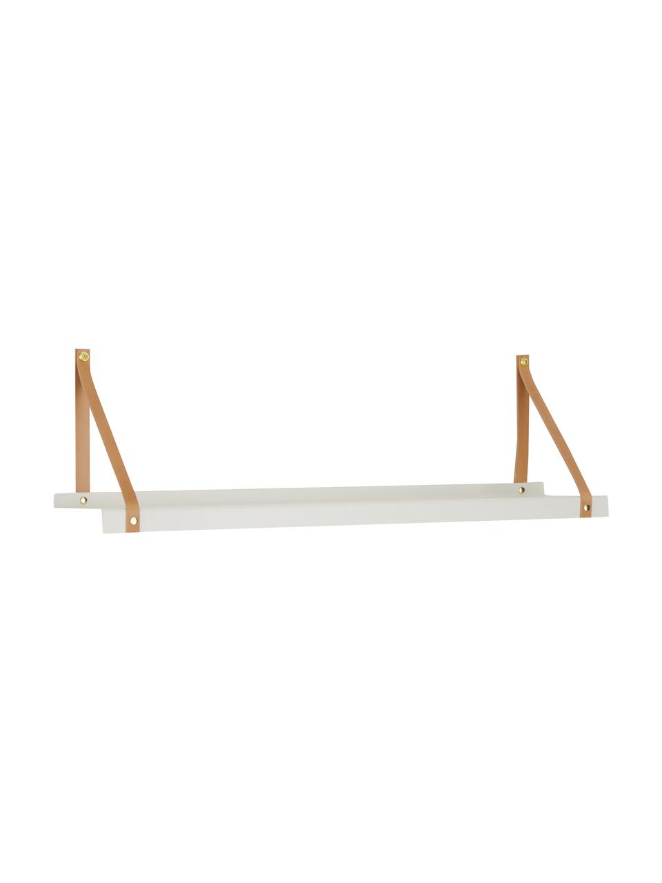 Metalen wandplank Shelfie met leren riemen, Plank: gepoedercoat metaal, Riemen: leer, Wit, bruin, 50 x 23 cm