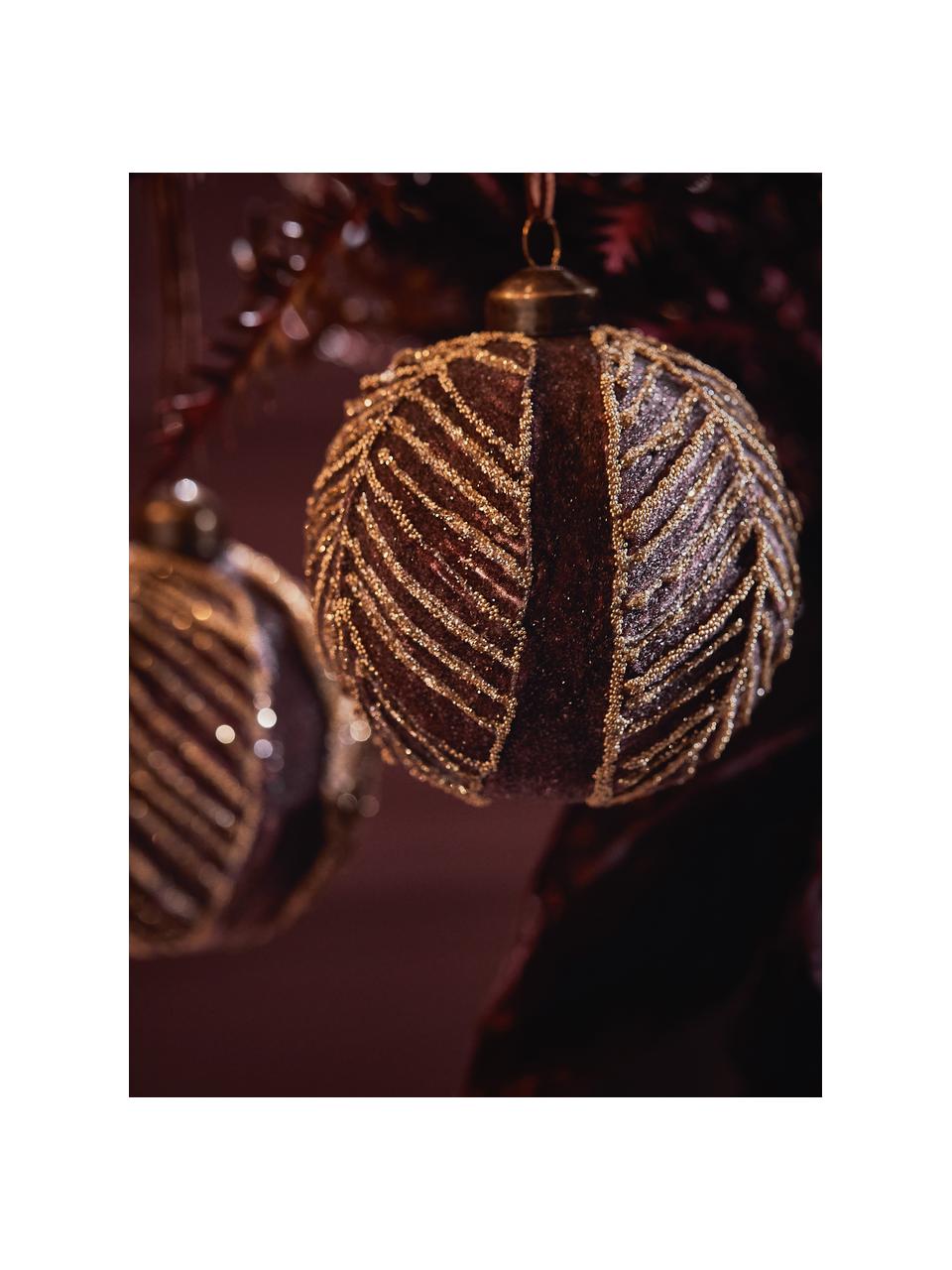 Bruchfeste Weihnachtskugeln Leaf, 2 Stück, Glas, Polyester, Kunststoff, Dunkelrot, Goldfarben, Ø 8 cm
