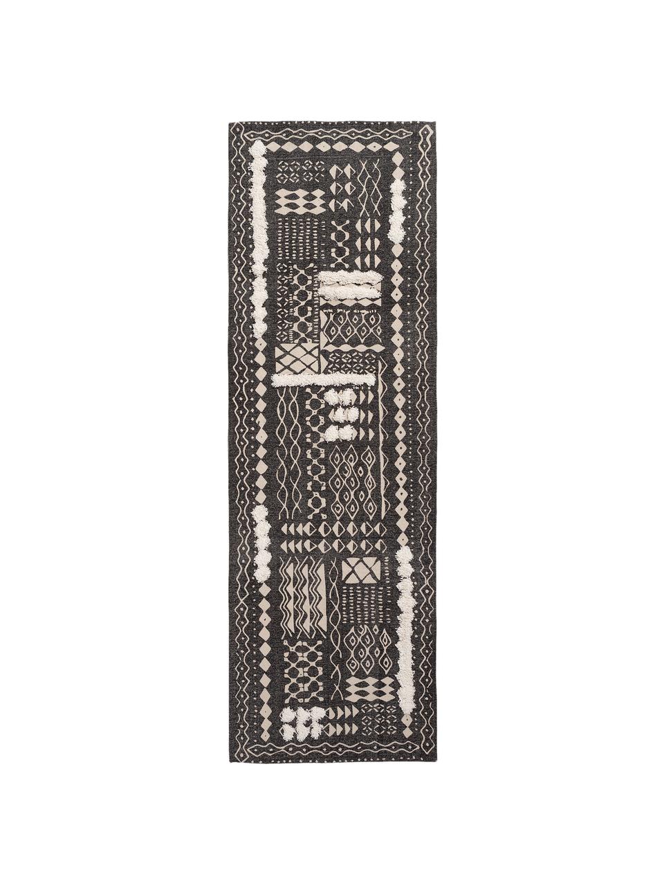 Tappeto boho in cotone con motivo a rilievo nero/bianco Boa, 100% cotone, Nero, bianco, Larg. 60 x Lung. 190 cm