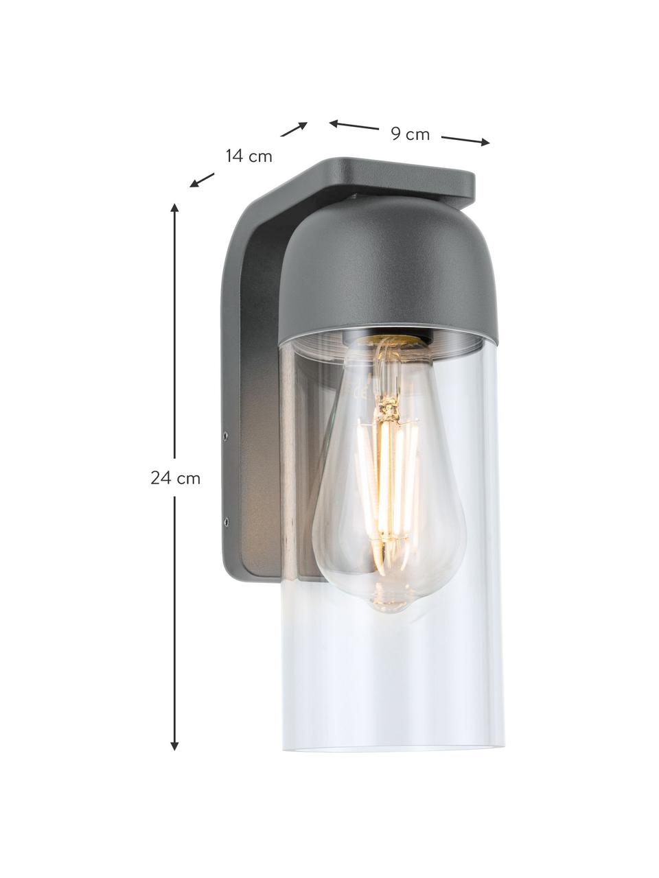 Outdoor wandlamp Lantea met glazen lampenkap, Lampenkap: glas Wandbevestiging, Zwart, transparant, B 9 x H 24 cm