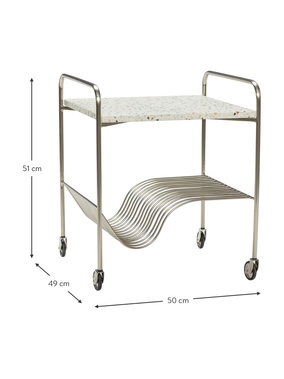 Metalen barcart Wave met terrazzo in wit, Tafelblad: terrazzo, Frame: vernikkeld metaal, Wit, zilverkleurig, B 50 x H 51 cm