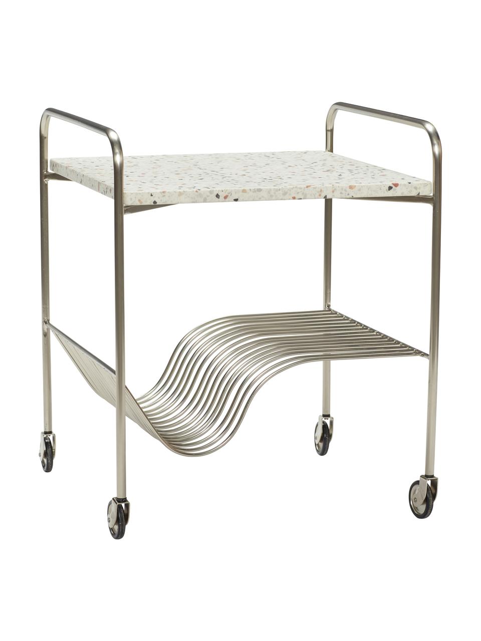 Metalen barcart Wave met terrazzo in wit, Tafelblad: terrazzo, Frame: vernikkeld metaal, Wit, zilverkleurig, B 50 x H 51 cm