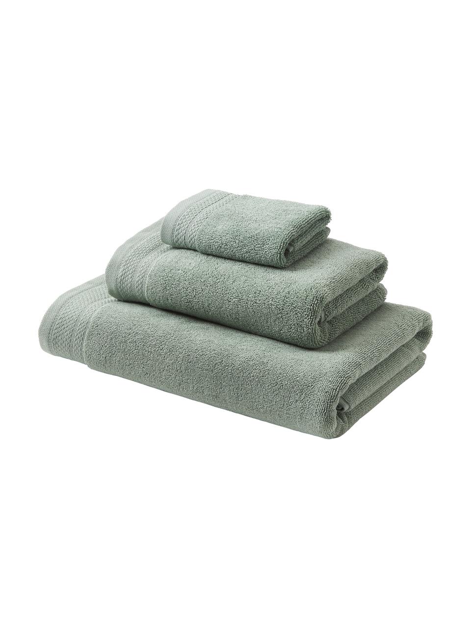 Set 3 asciugamani in cotone organico Premium, 100% cotone organico certificato GOTS (da GCL International, GCL-300517).
Qualità pesante, 600 g/m², Verde salvia, Set in varie misure