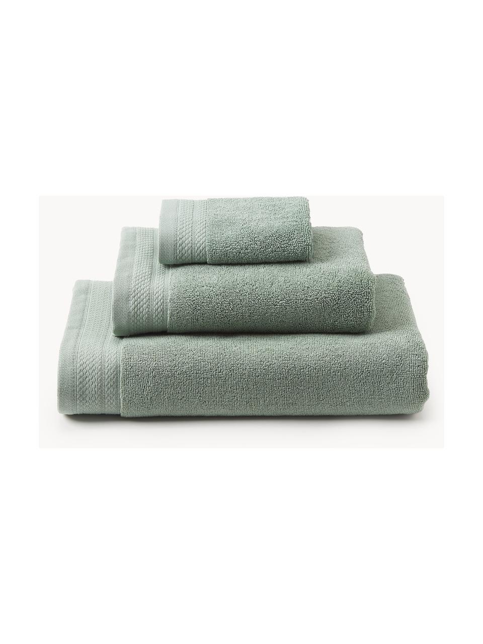 Lot de serviettes de bain en coton bio Premium, tailles variées, 100 % coton bio, certifié GOTS
Qualité supérieure 600 g/m²

Le matériau est certifié STANDARD 100 OEKO-TEX®, IS025 189577, OETI, Vert sauge, 3 éléments (1 serviette invité, 1 serviette de toilette et 1 drap de bain)